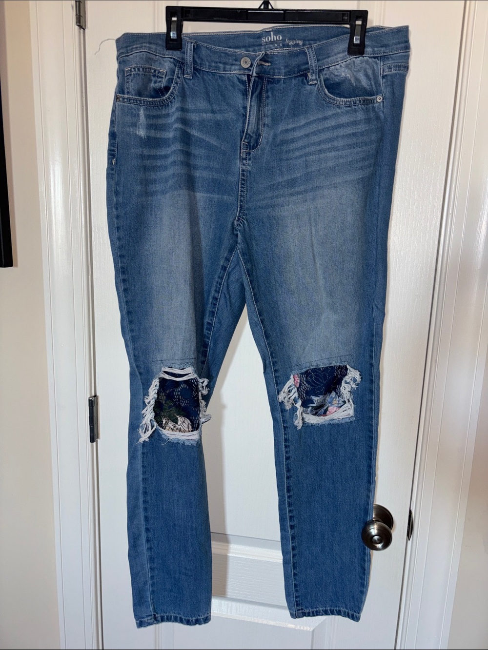 Soho Blue Skinny Jeans with Floral Knee Patches